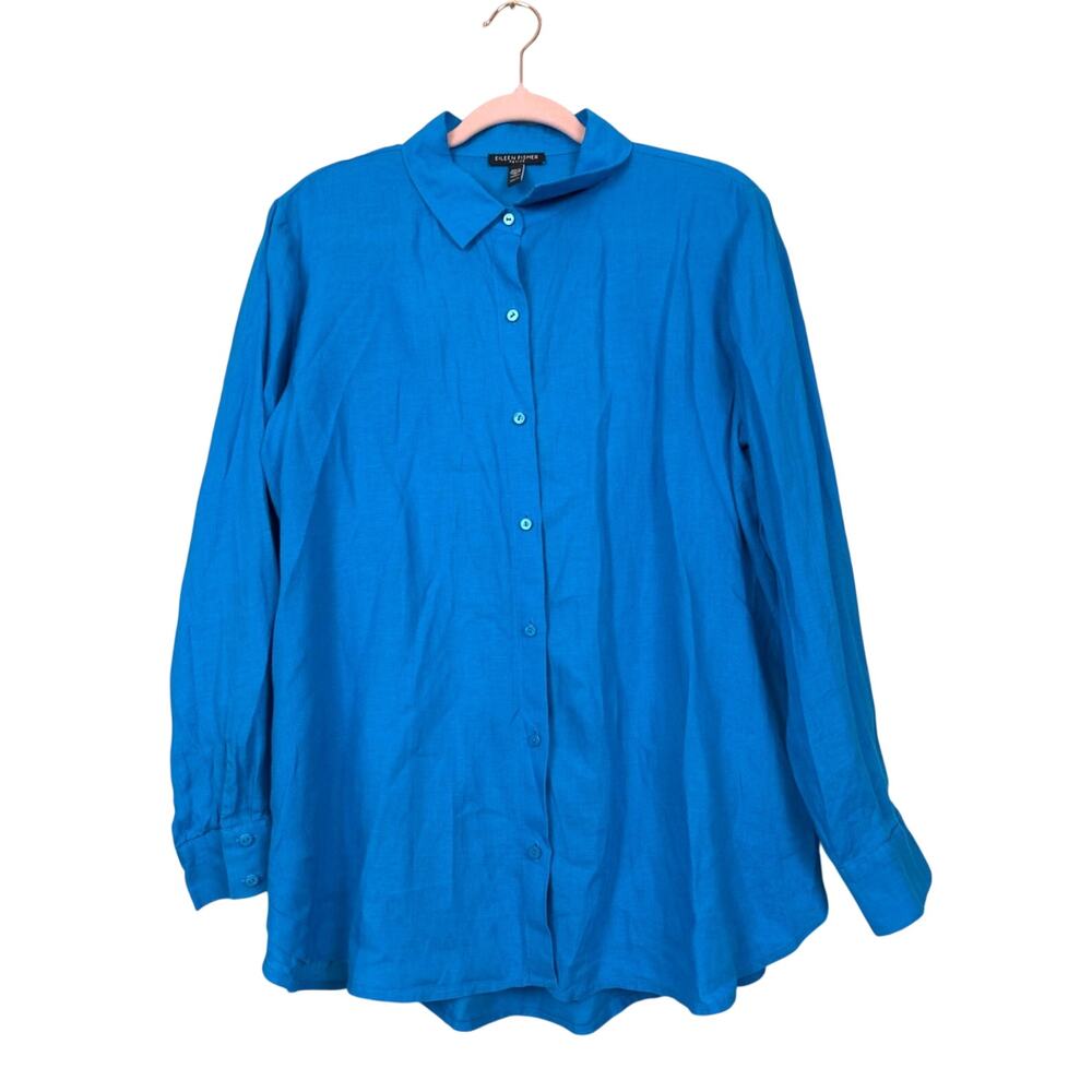Eileen Fisher Womens L Petite Blue Organic Linen Handkerchief Button Up Shirt